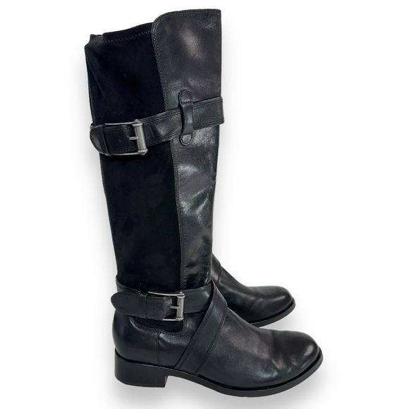 COLE HAAN Riding Boot Sz 8.5 Whitley Black Leather NikeAir Tall Knee High Buckle - Picture 1 of 14